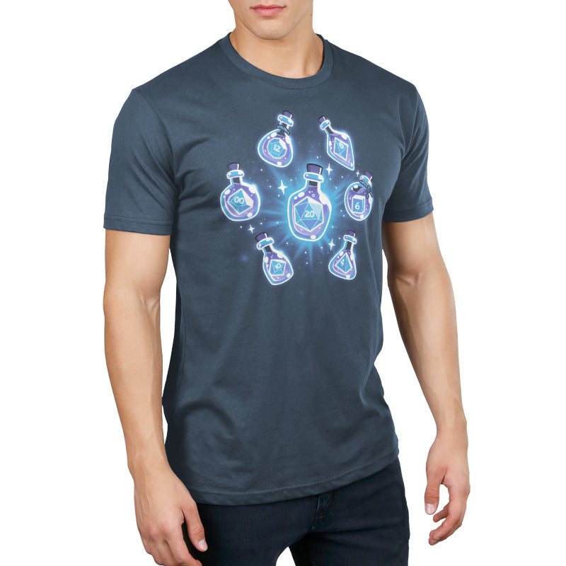 Premium Cotton T-shirt_TeeTurtle denim blue Bottled Dice t-shirt featuring a set of dice in potion bottles.