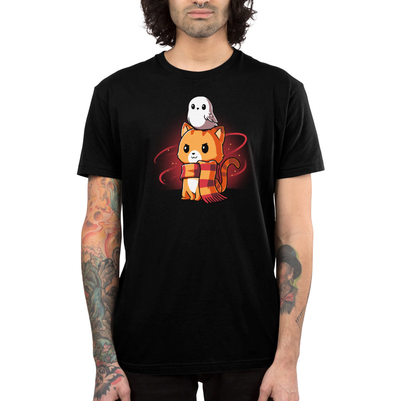 Premium Cotton T-shirt_TeeTurtle Brave Kitty black t-shirt featuring a magical orange cat in a scarf with a white fantasy owl on its head.