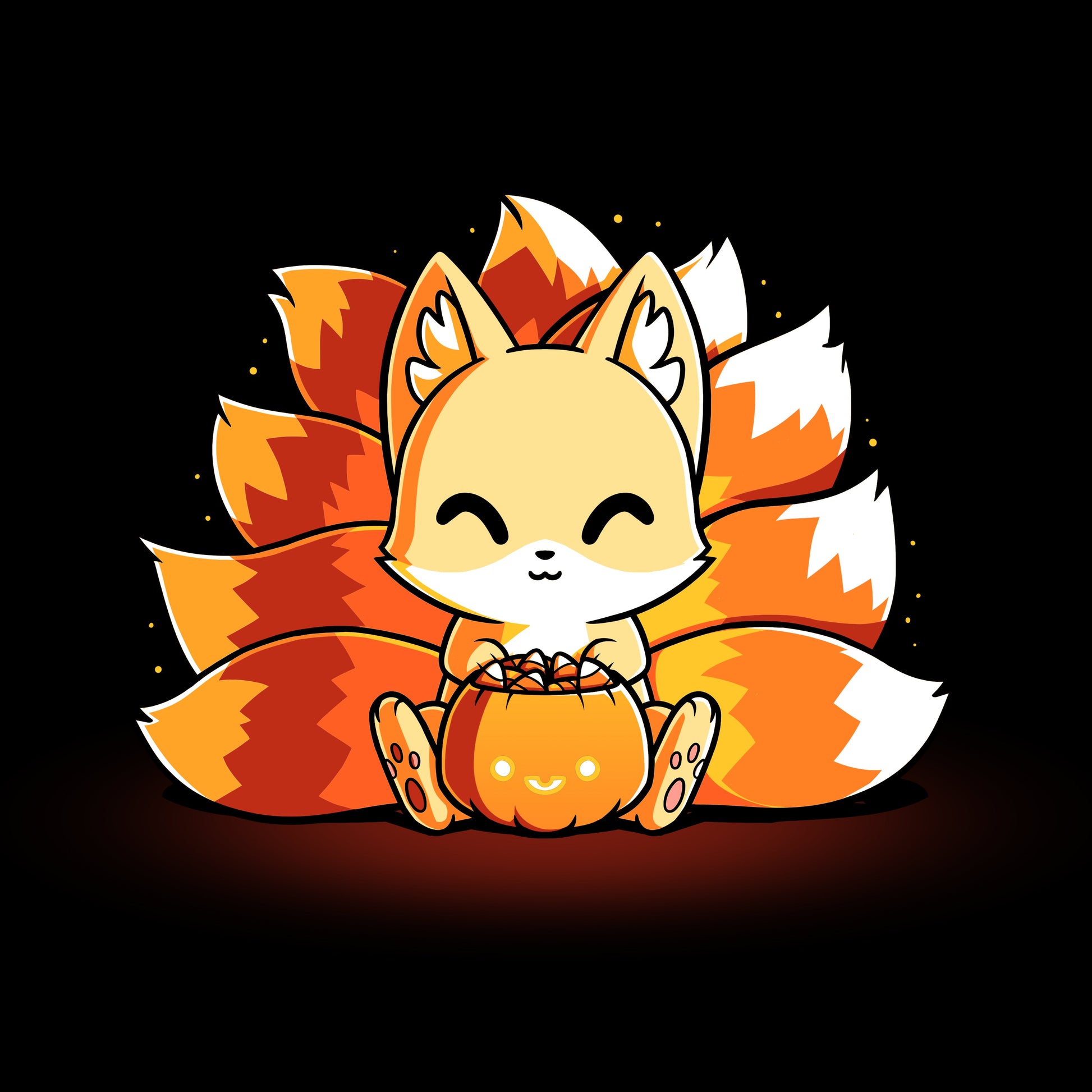 Premium Cotton T-shirt_TeeTurtle Candy Corn Kitsune black t-shirt featuring a happy kitsune holding a Halloween jack-o-lantern full of candy corn.