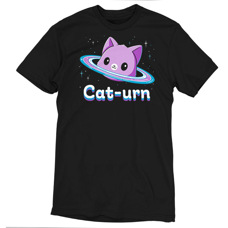 Premium Cotton T-shirt_Teeturtle Cat-urn black t-shirt featuring a cute cat head floating in space surrounded by stars and rings like Saturn and the word 'Cat-urn' written below it.