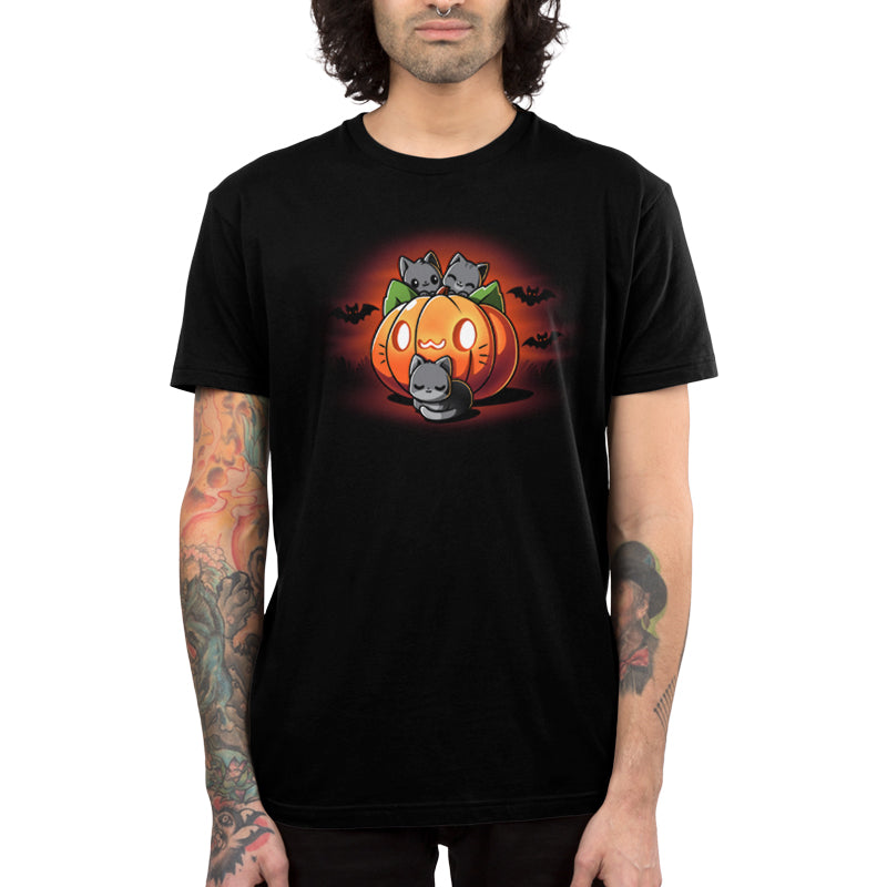 Premium Cotton T-shirt_TeeTurtle black Cat O'Lantern. Featuring a giant pumpkin jack-o-lantern with a cat face surrounded by cats.