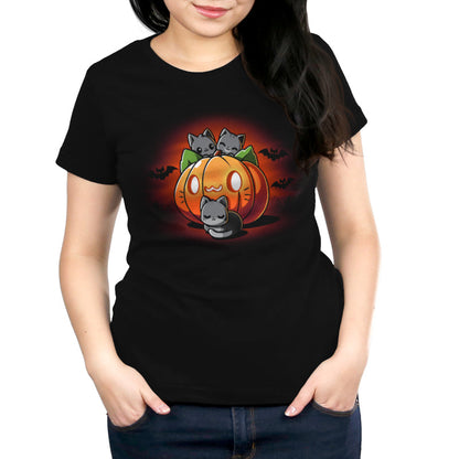 Premium Cotton T-shirt_TeeTurtle black Cat O'Lantern. Featuring a giant pumpkin jack-o-lantern with a cat face surrounded by cats.