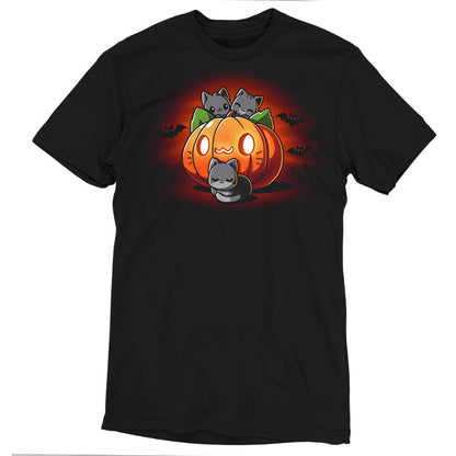 Premium Cotton T-shirt_TeeTurtle black Cat O'Lantern. Featuring a giant pumpkin jack-o-lantern with a cat face surrounded by cats.