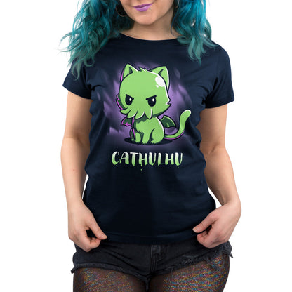 Premium Cotton T-shirt_TeeTurtle Cathulhu navy blue t-shirt featuring a cat with tentacles.