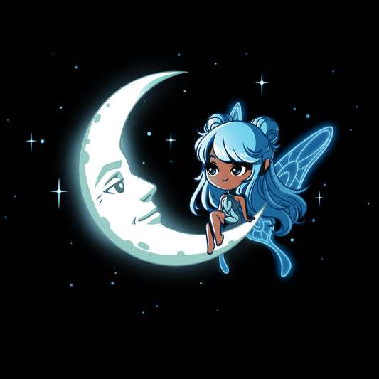 Premium Cotton T-shirt_TeeTurtle Celestial Fairy black t-shirt featuring a space fairy with blue hair and wings sitting on a crescent moon that has a face with stars in the background.