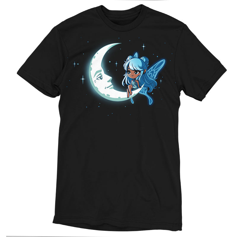 Premium Cotton T-shirt_TeeTurtle Celestial Fairy black t-shirt featuring a space fairy with blue hair and wings sitting on a crescent moon that has a face with stars in the background.