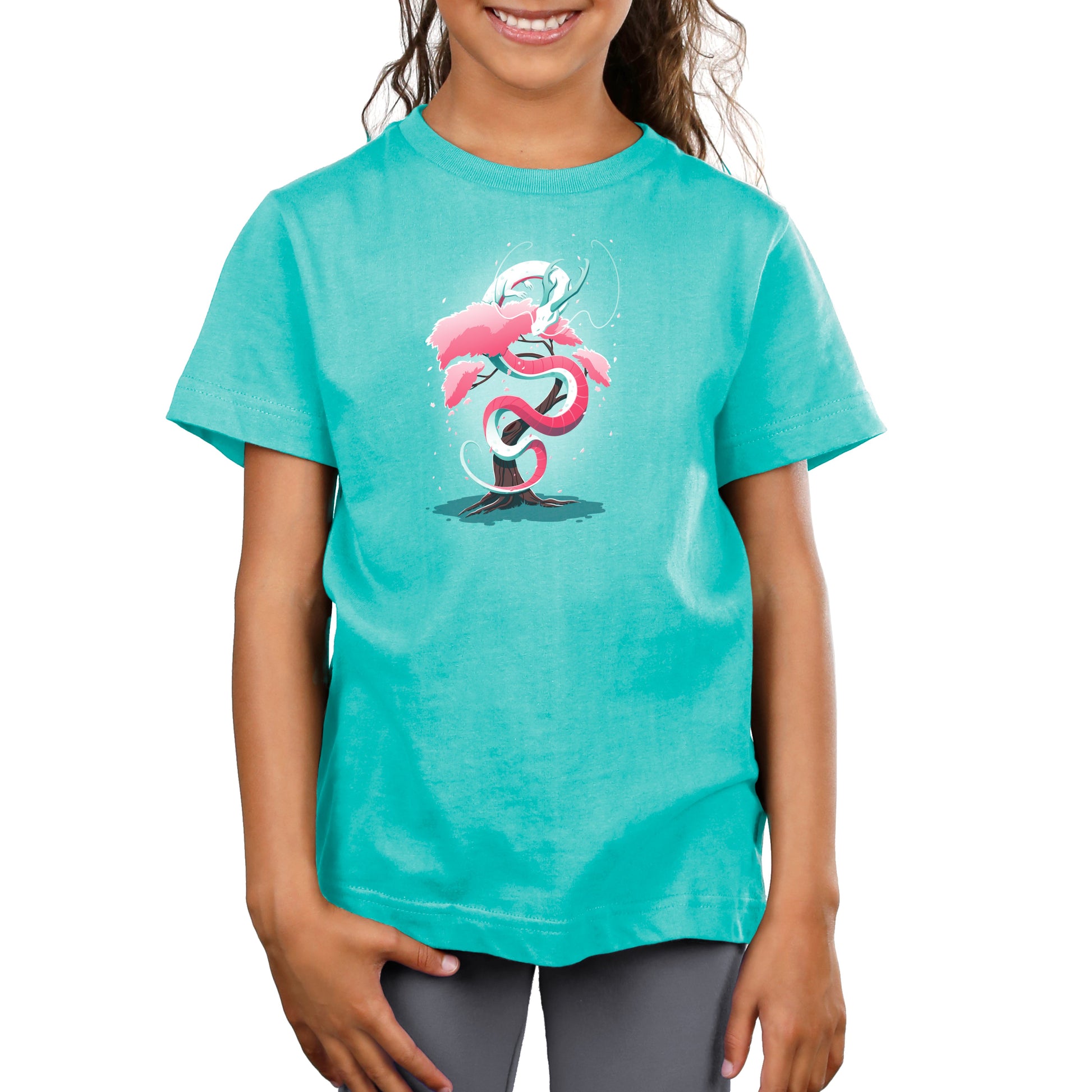 Premium Cotton T-shirt_TeeTurtle Cherry Blossom Dragon Caribbean Blue t-shirt featuring a magical artistic dragon made of cherry blossom flowers going up a tree.