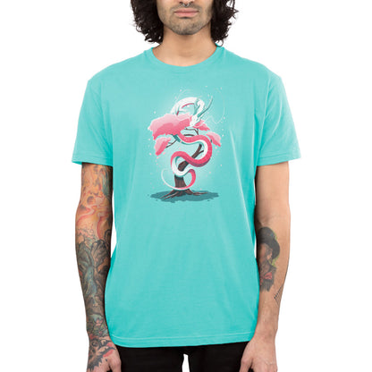 Premium Cotton T-shirt_TeeTurtle Cherry Blossom Dragon Caribbean Blue t-shirt featuring a magical artistic dragon made of cherry blossom flowers going up a tree.