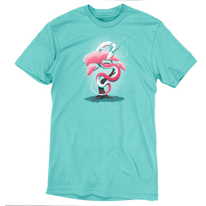 Premium Cotton T-shirt_TeeTurtle Cherry Blossom Dragon Caribbean Blue t-shirt featuring a magical artistic dragon made of cherry blossom flowers going up a tree.