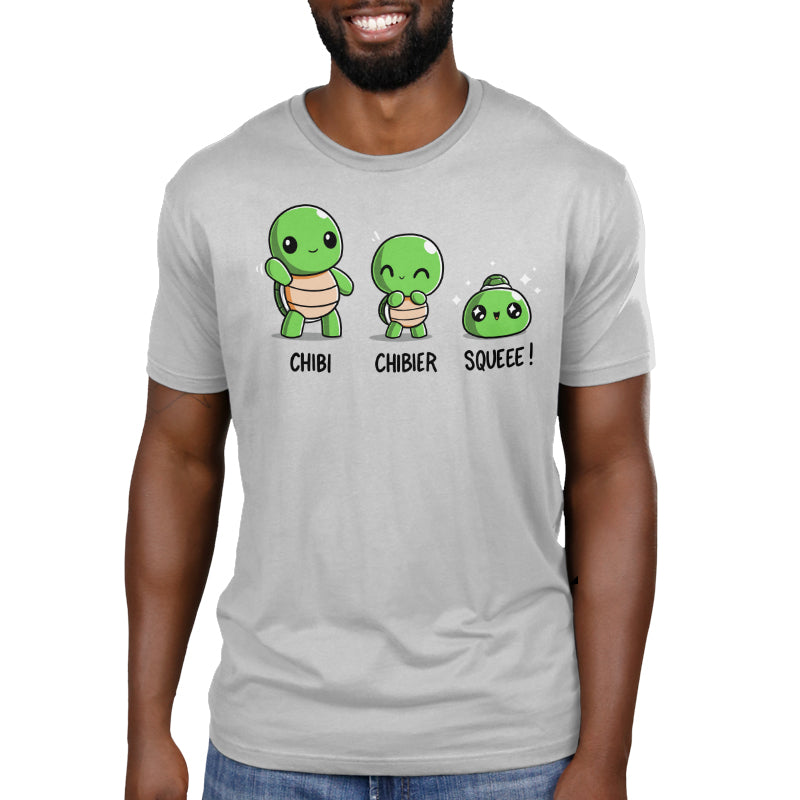 Premium Cotton T-shirt_TeeTurtle Chibi, Chibier, Squeee! silver gray t-shirt featuring three turtles standing side by side showing varying levels of cuteness.