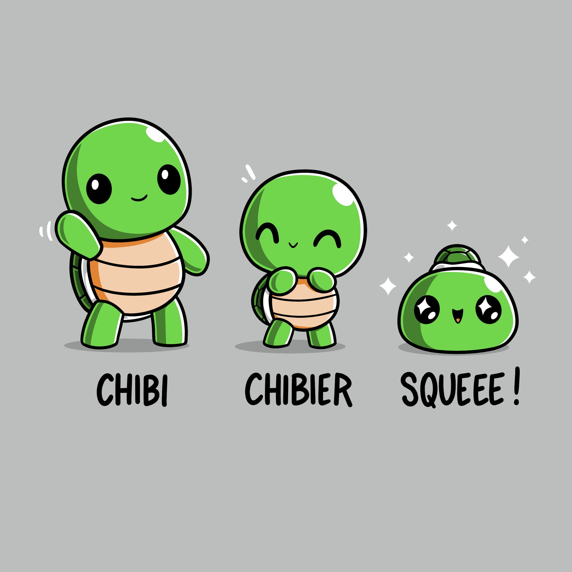 Premium Cotton T-shirt_TeeTurtle Chibi, Chibier, Squeee! silver gray t-shirt featuring three turtles standing side by side showing varying levels of cuteness.