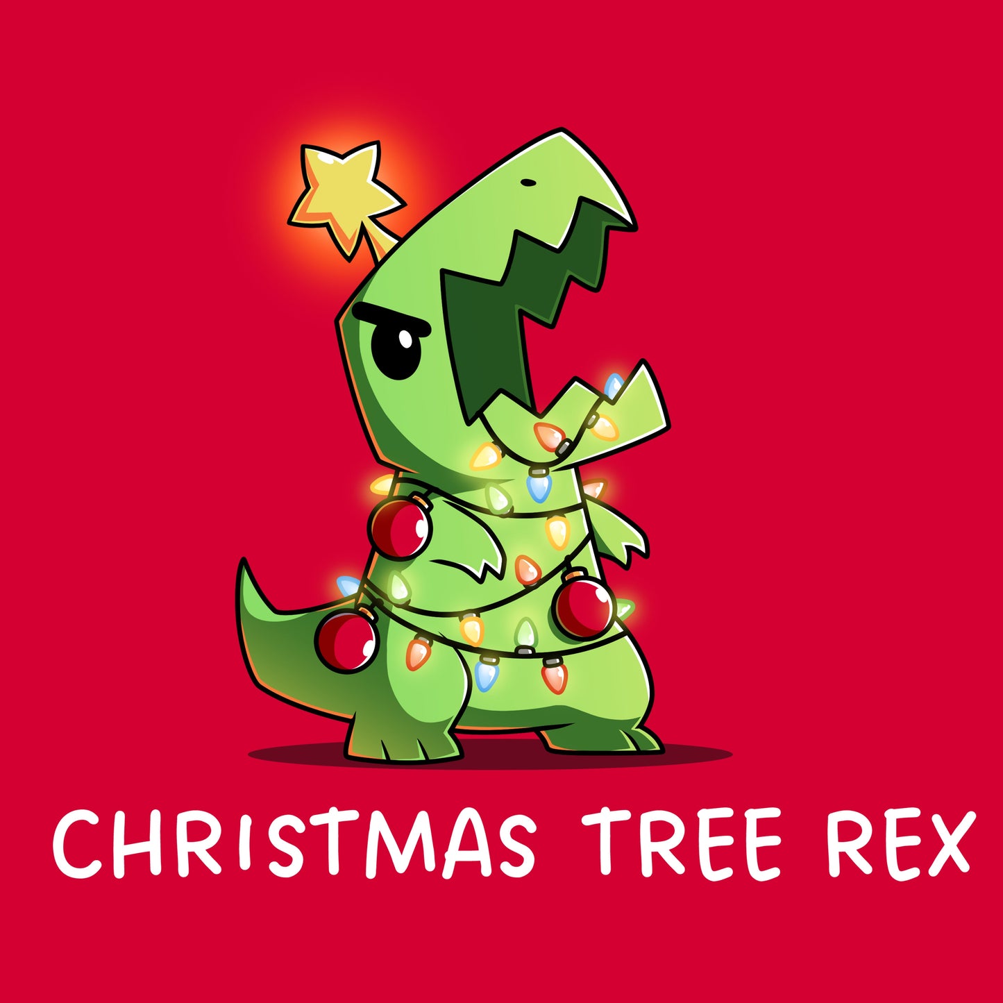 Premium Cotton T-shirt_TeeTurtle red Christmas Tree Rex apparel featuring a roaring t-rex tangled in holiday lights.