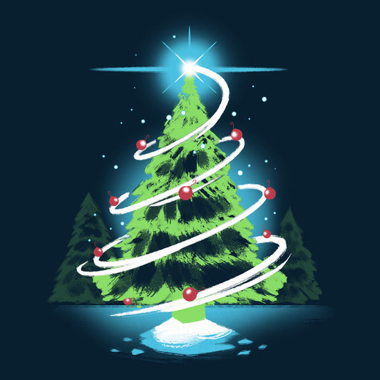 Premium Cotton T-shirt_TeeTurtle Christmas Tree navy blue t-shirt featuring a green tree in the forest with red ornaments with a white swirl around the tree and a winkling start right above it