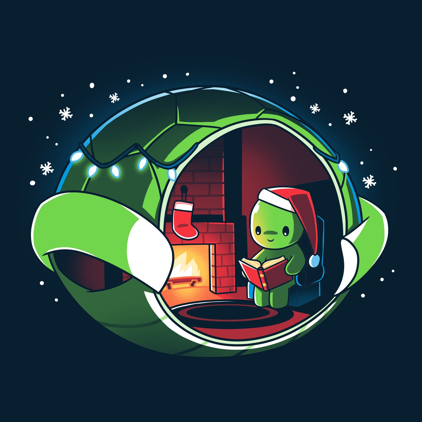 Premium Cotton T-shirt - A Christmas Turtle by TeeTurtle is snuggling up by the fireplace, reading a book in a Santa Claus outfit.