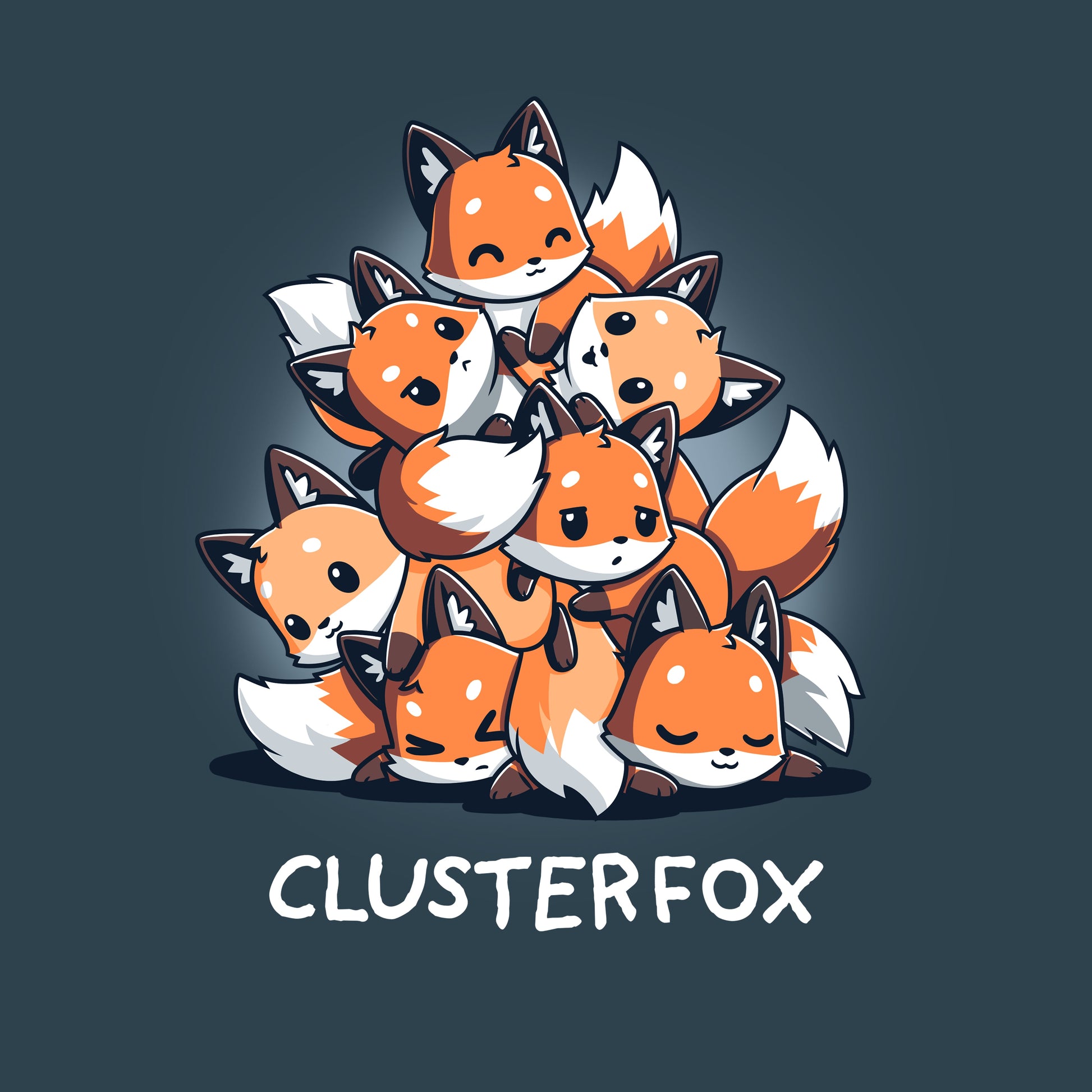 Premium Cotton T-shirt_TeeTurtle Clusterfox denim blue t-shirt featuring a group of foxes huddled together in a pyramid shape.
