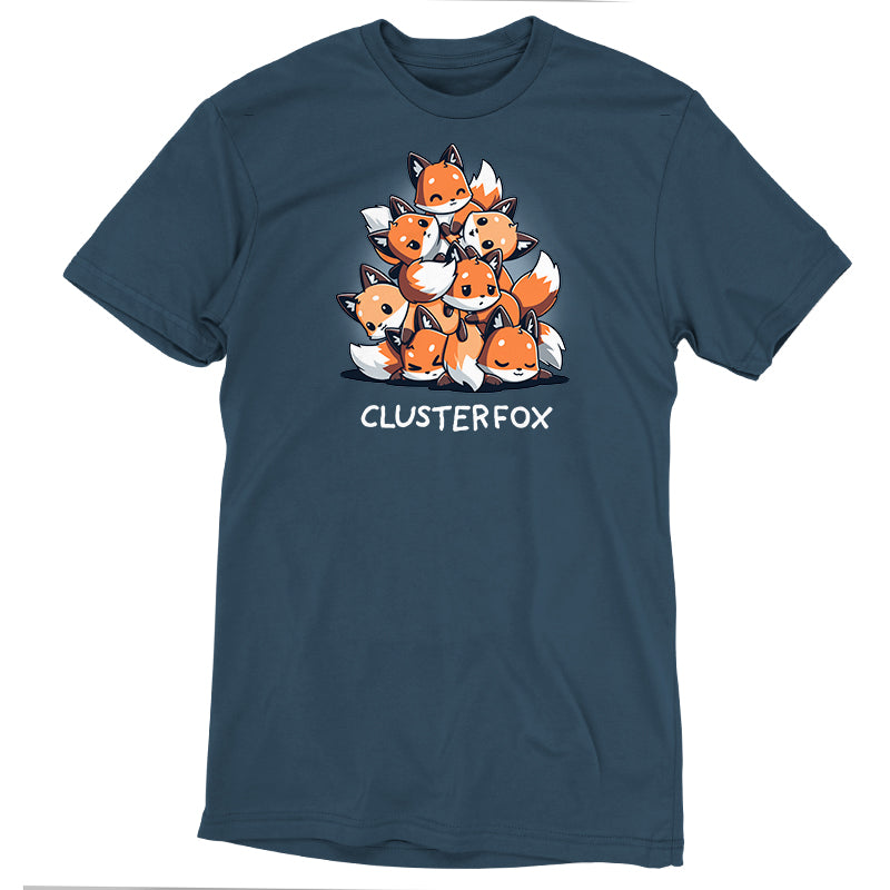 Premium Cotton T-shirt_TeeTurtle Clusterfox denim blue t-shirt featuring a group of foxes huddled together in a pyramid shape.
