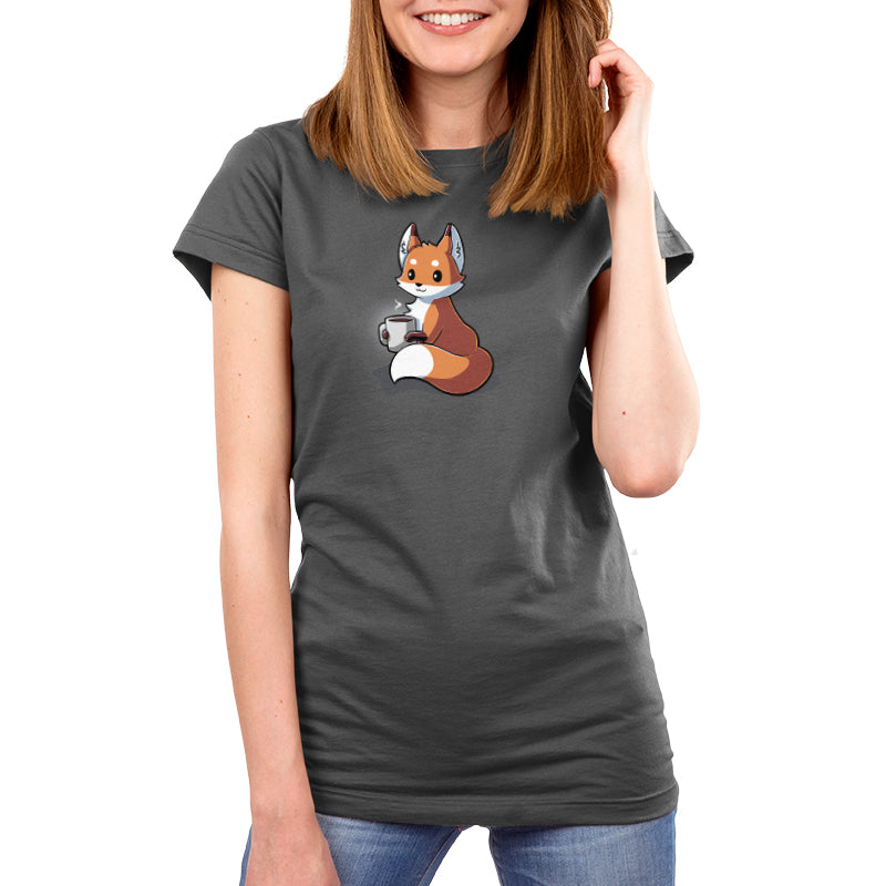 Premium Cotton T-shirt_TeeTurtle Coffee Fox charcoal gray t-shirt featuring a content fox holding a large mug of coffee.