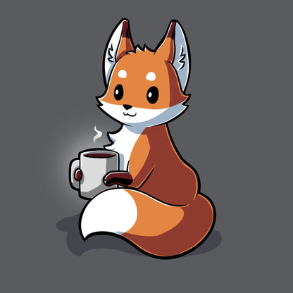 Premium Cotton T-shirt_TeeTurtle Coffee Fox charcoal gray t-shirt featuring a content fox holding a large mug of coffee.