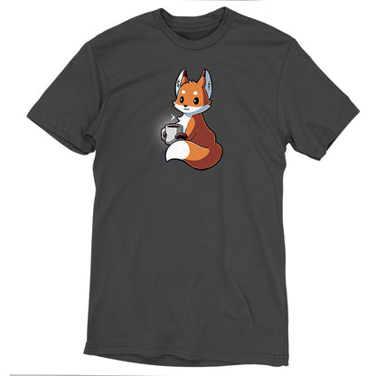 Premium Cotton T-shirt_TeeTurtle Coffee Fox charcoal gray t-shirt featuring a content fox holding a large mug of coffee.