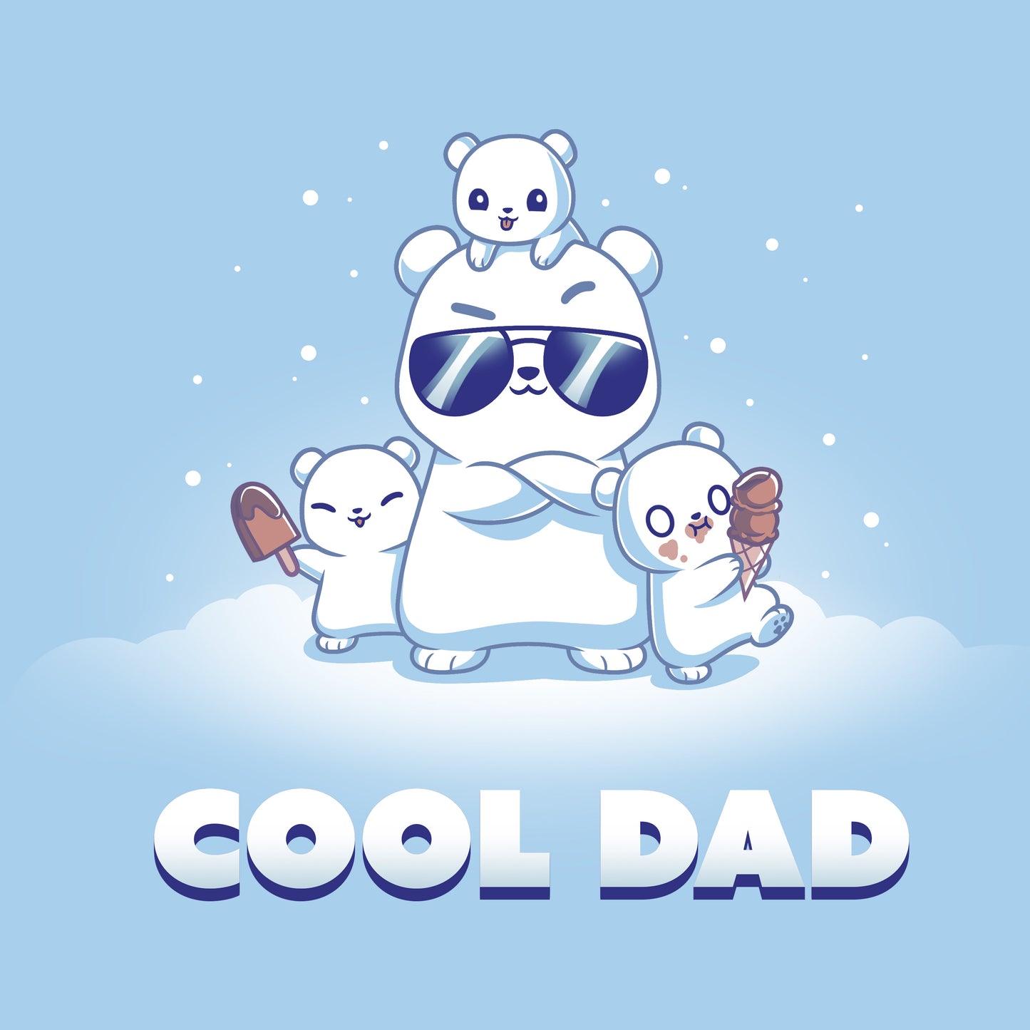 Premium Cotton T-shirt - featuring a papa polar bear wearing sunglasses with his arms crossed surrounded by three little polar bears - one on its head, one holding an ice cream, and the other eating ice cream with it all over its face