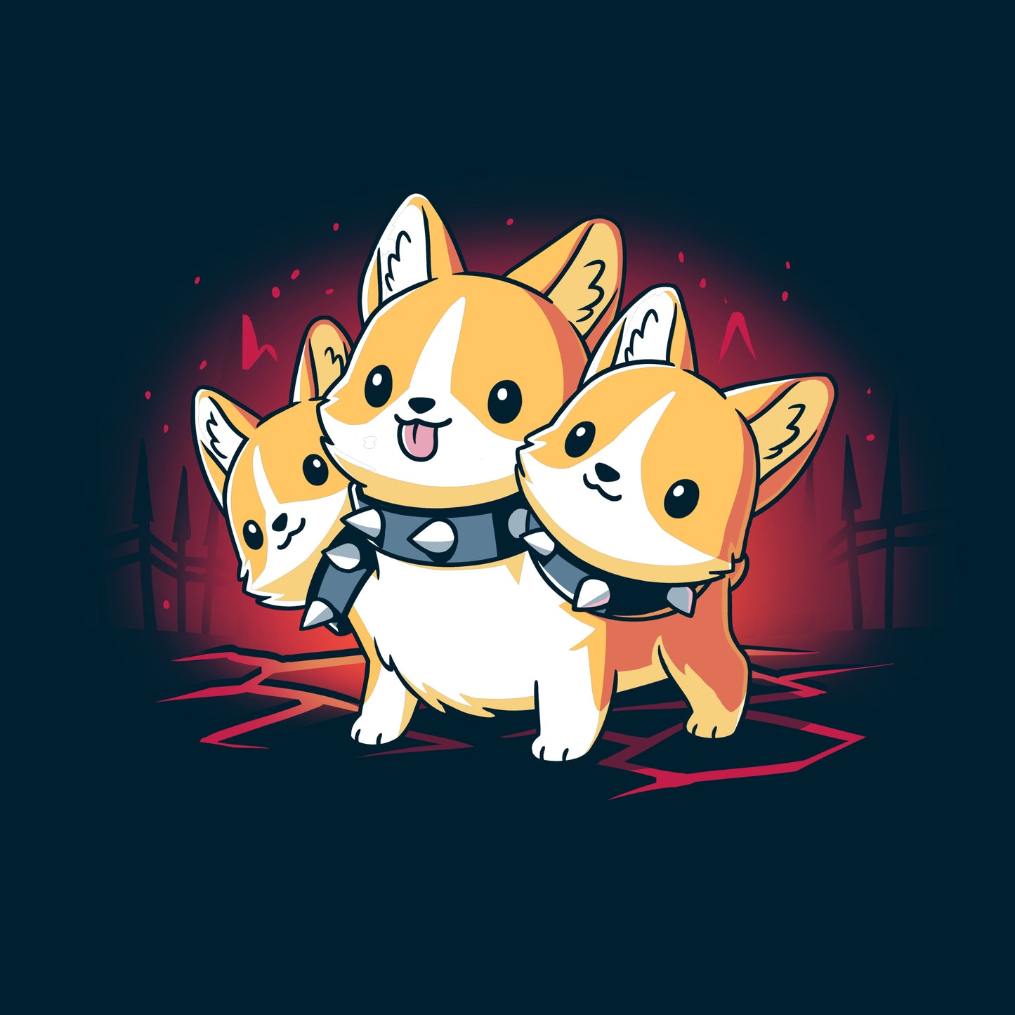 Premium Cotton T-shirt_TeeTurtle navy blue Corgi Cerberus. Featuring a corgi wearing a spiked collar with three heads.