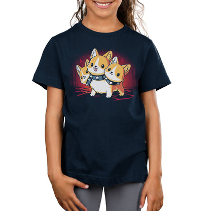 Premium Cotton T-shirt_TeeTurtle navy blue Corgi Cerberus. Featuring a corgi wearing a spiked collar with three heads.