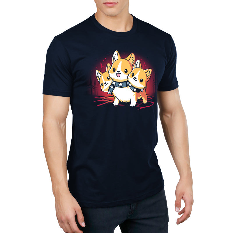 Premium Cotton T-shirt_TeeTurtle navy blue Corgi Cerberus. Featuring a corgi wearing a spiked collar with three heads.