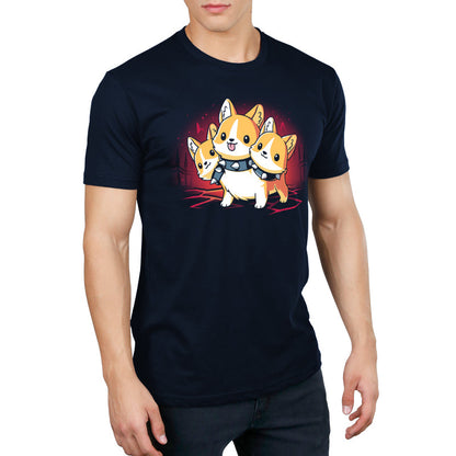 Premium Cotton T-shirt_TeeTurtle navy blue Corgi Cerberus. Featuring a corgi wearing a spiked collar with three heads.