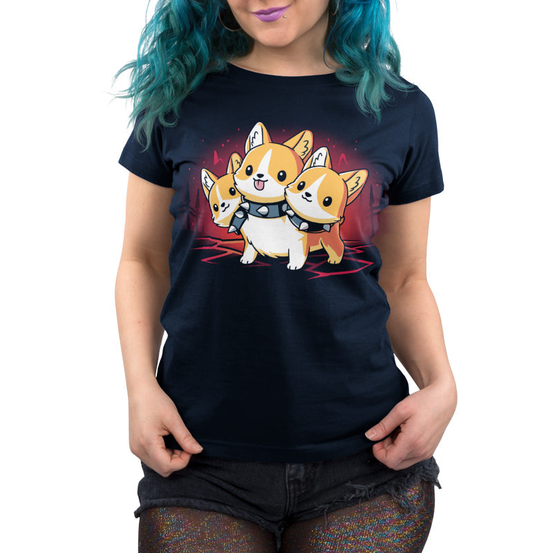 Premium Cotton T-shirt_TeeTurtle navy blue Corgi Cerberus. Featuring a corgi wearing a spiked collar with three heads.