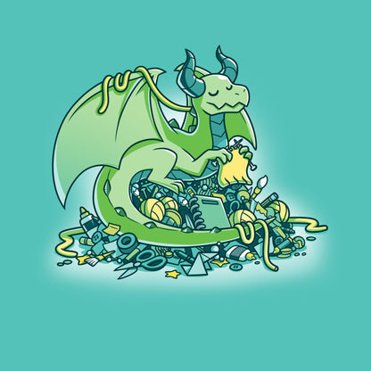 Premium Cotton T-shirt_TeeTurtle Craft Hoarder caribbean blue t-shirt featuring a knitting green dragon sitting atop a pile of assorted craft supplies.