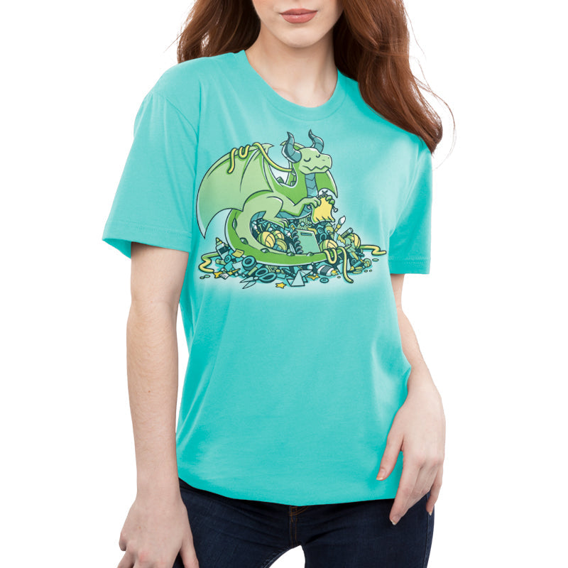 Premium Cotton T-shirt_TeeTurtle Craft Hoarder caribbean blue t-shirt featuring a knitting green dragon sitting atop a pile of assorted craft supplies.