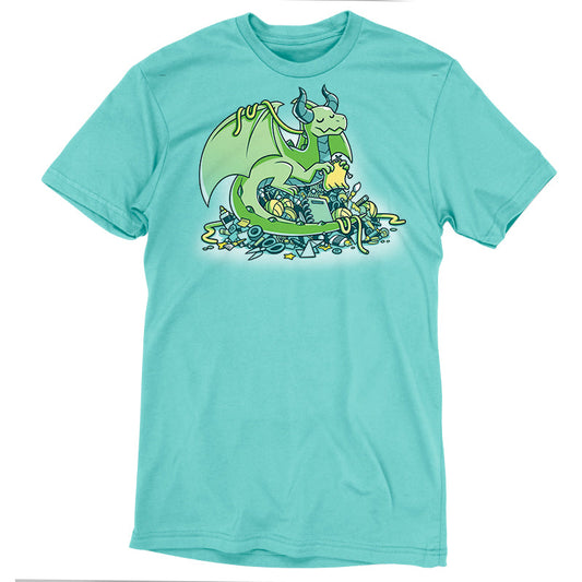 Premium Cotton T-shirt_TeeTurtle Craft Hoarder caribbean blue t-shirt featuring a knitting green dragon sitting atop a pile of assorted craft supplies.