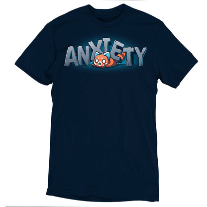 Premium Cotton T-shirt_TeeTurtle Crushing Anxiety navy blue t-shirt featuring an anxious red panda being squished under giant letters made of stone that spell "Anxiety" on top of his body. 