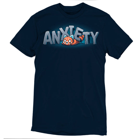 Premium Cotton T-shirt_TeeTurtle Crushing Anxiety navy blue t-shirt featuring an anxious red panda being squished under giant letters made of stone that spell 