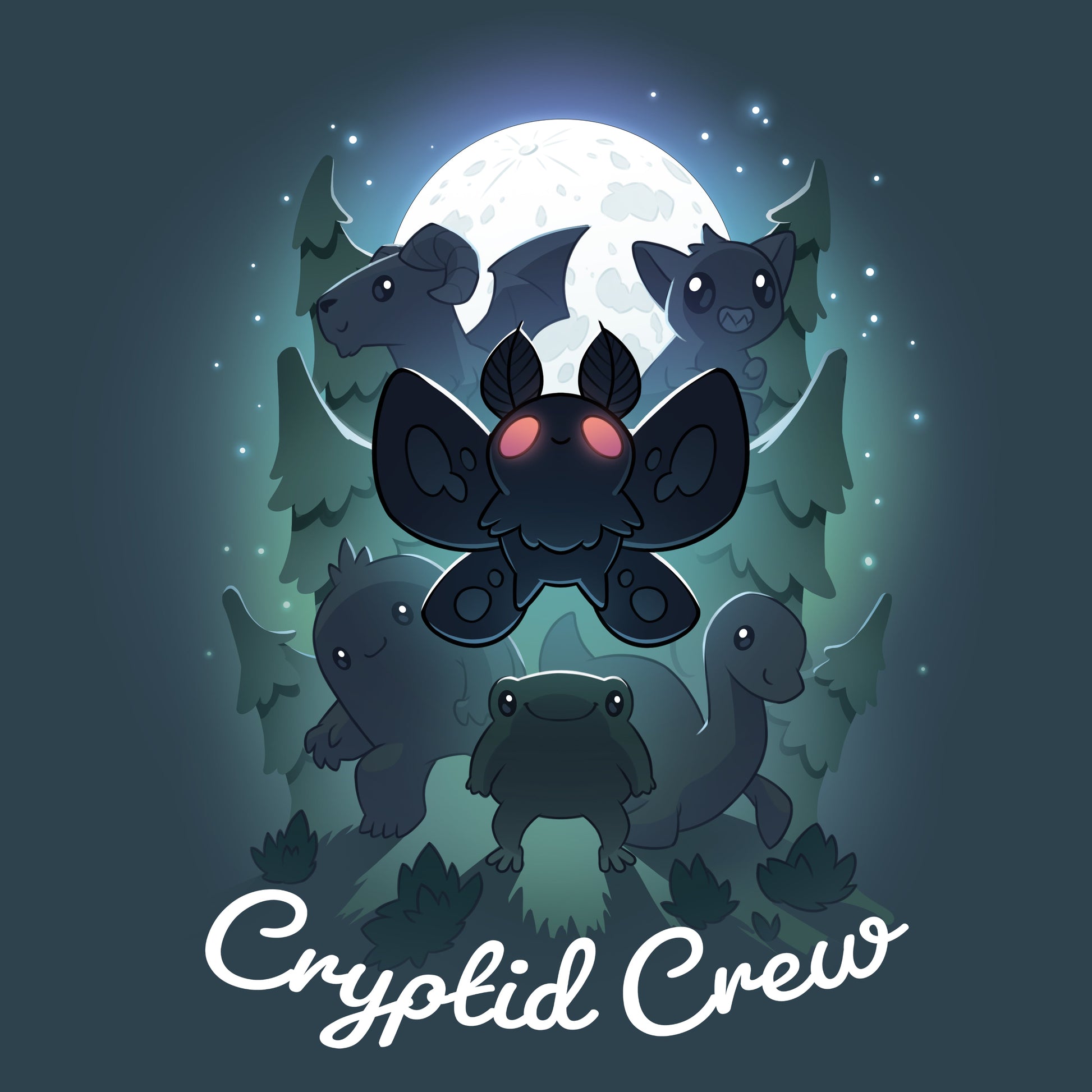 Premium Cotton T-shirt_TeeTurtle Cryptid Crew denim t-shirt featuring a whimsical illustration of six cartoon cryptids, including a mothman and a jackalope, in a forest with a full moon in the background. Text at the bottom reads "Cryptid Crew."