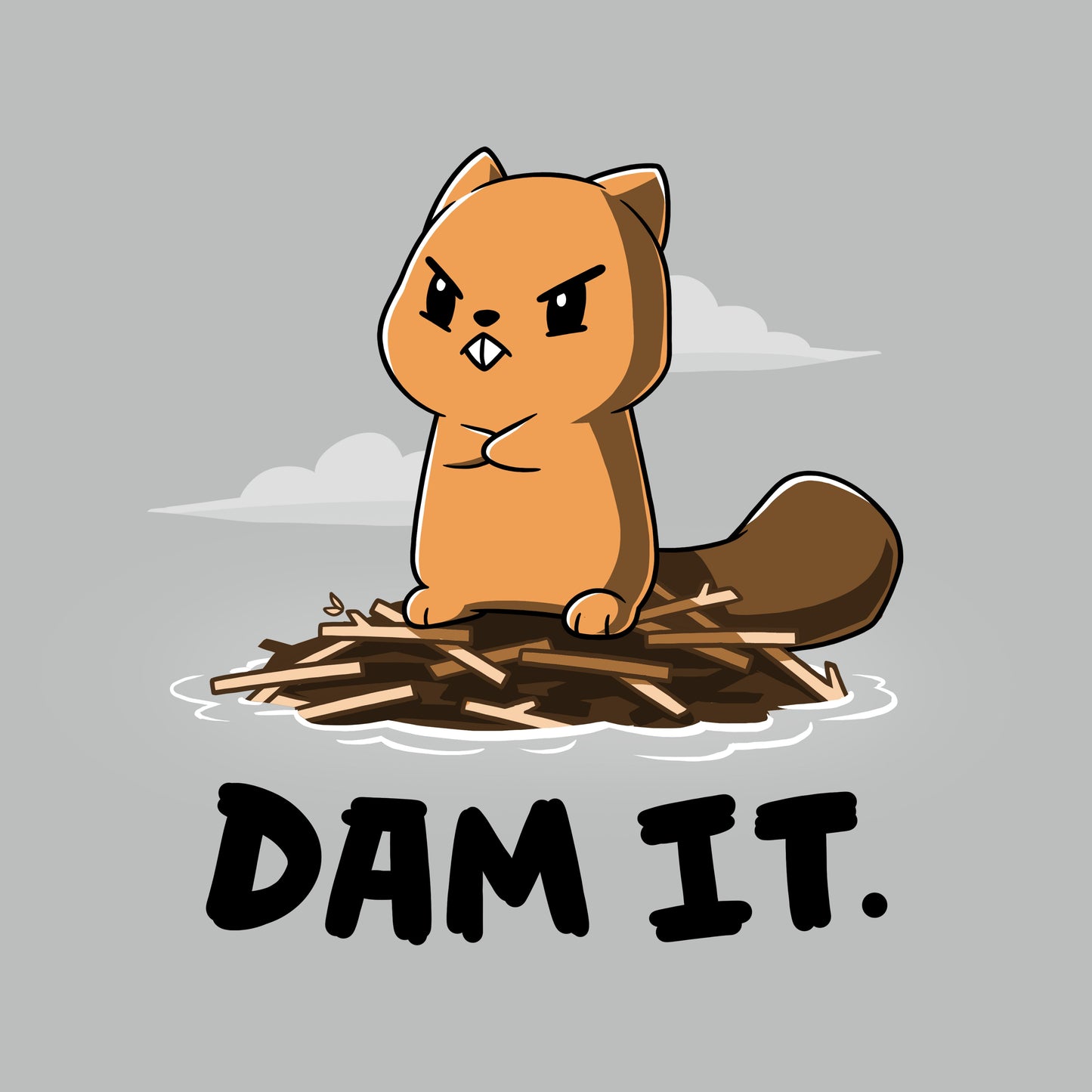 Premium Cotton T-shirt_TeeTurtle Dam It Silver Gray t-shirt featuring A cartoon beaver with an angry expression stands on a dam of sticks with the text "DAM IT." below. 