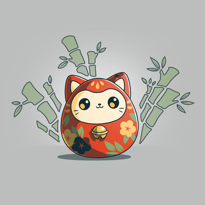 Premium Cotton T-shirt_TeeTurtle Daruma Kitty silver gray t-shirt featuring a little daruma cat wrapped in orange with yellow and blue flowers and green leaves. The daruma is surrounded by bamboo.