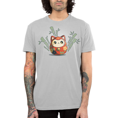 Premium Cotton T-shirt_TeeTurtle Daruma Kitty silver gray t-shirt featuring a little daruma cat wrapped in orange with yellow and blue flowers and green leaves. The daruma is surrounded by bamboo.