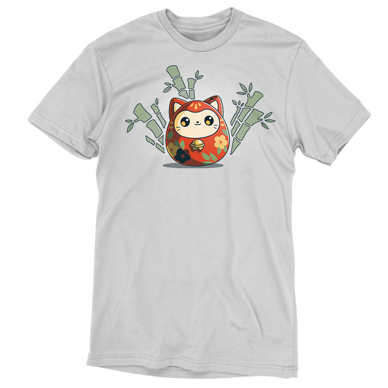 Premium Cotton T-shirt_TeeTurtle Daruma Kitty silver gray t-shirt featuring a little daruma cat wrapped in orange with yellow and blue flowers and green leaves. The daruma is surrounded by bamboo.