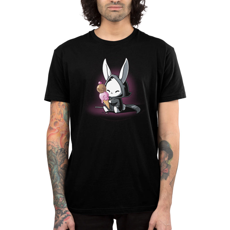 Premium Cotton T-shirt_TeeTurtle Death By Ice Cream black t-shirt featuring a rabbit in a black cloak with a double-scoop ice cream cone.