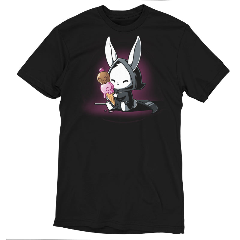 Premium Cotton T-shirt_TeeTurtle Death By Ice Cream black t-shirt featuring a rabbit in a black cloak with a double-scoop ice cream cone.