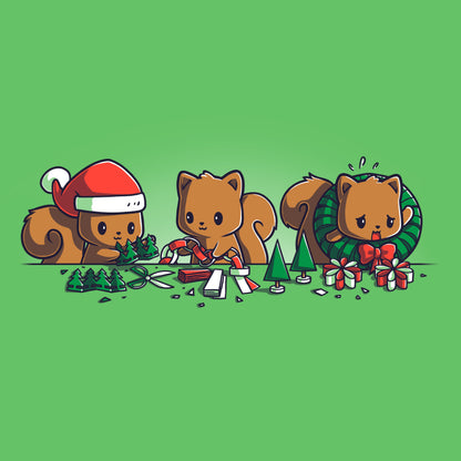 Premium Cotton T-shirt_TeeTurtle Deck the Halls apple green t-shirt featuring three little squirrels making holiday crafts