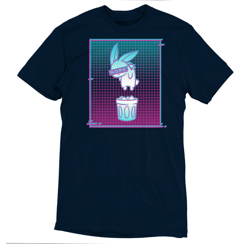 Premium Cotton T-shirt_TeeTurtle Digital Trash Bunny black t-shirt featuring an illustration of a blindfolded rabbit with "NOPE" on the blindfold, floating above a trash can. The background consists of a gradient grid pattern in teal, blue, and pink. 