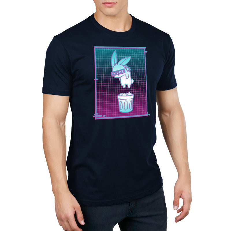 Premium Cotton T-shirt_TeeTurtle Digital Trash Bunny black t-shirt featuring an illustration of a blindfolded rabbit with "NOPE" on the blindfold, floating above a trash can. The background consists of a gradient grid pattern in teal, blue, and pink. 