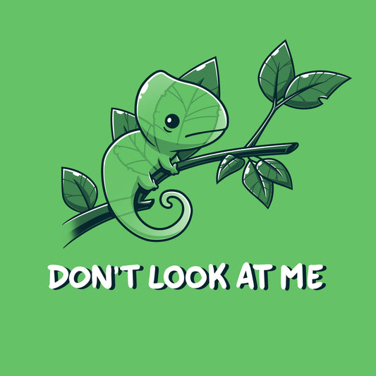 Premium Cotton T-shirt_Teeturtle Don't Look At Me apple green t-shirt featuring a little cartoon Chameleon trying to cloak itself against leaves while on a branch with 'Don't look at me.' written underneath the image.