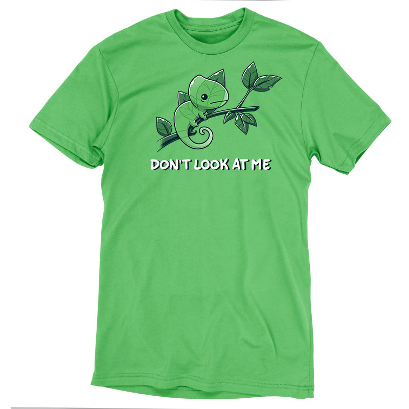 Premium Cotton T-shirt_Teeturtle Don't Look At Me apple green t-shirt featuring a little cartoon Chameleon trying to cloak itself against leaves while on a branch with 'Don't look at me.' written underneath the image.