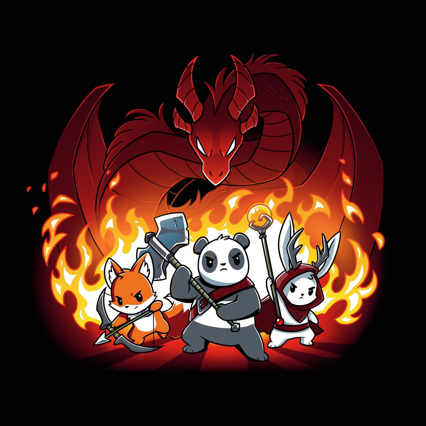 Premium Cotton T-shirt_TeeTurtle Dragon Fight black t-shirt featuring a panda warrior, an archer fox, and a winged cat standing ready for battle in front of a fire-breathing red dragon, with flames in the background.