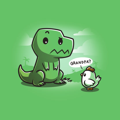 Premium Cotton T-shirt_Teeturtle Family Reunion apple green t-shirt   featuring a cartoon dinosaur with a puzzled expression sitting in front of a baby chick asking "Grandpa?" on a green background with faint scenery. 