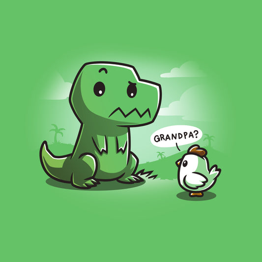 Premium Cotton T-shirt_Teeturtle Family Reunion apple green t-shirt   featuring a cartoon dinosaur with a puzzled expression sitting in front of a baby chick asking 