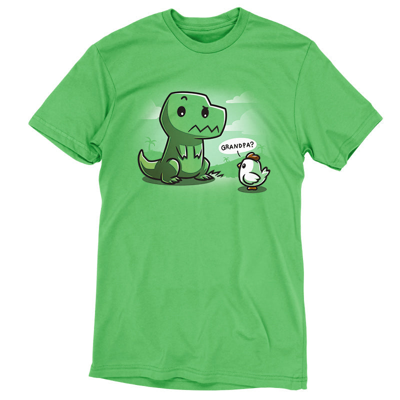 Premium Cotton T-shirt_Teeturtle Family Reunion apple green t-shirt   featuring a cartoon dinosaur with a puzzled expression sitting in front of a baby chick asking "Grandpa?" on a green background with faint scenery. 